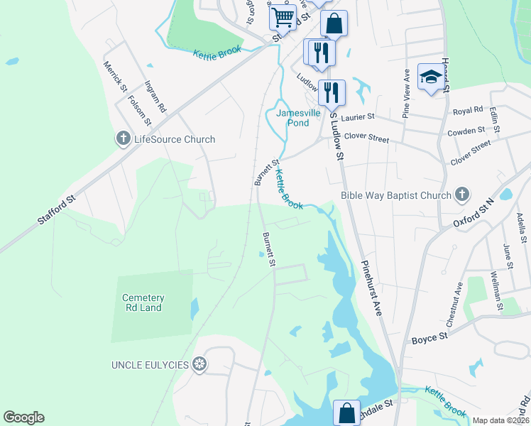 map of restaurants, bars, coffee shops, grocery stores, and more near 7 Burnett Street in Auburn