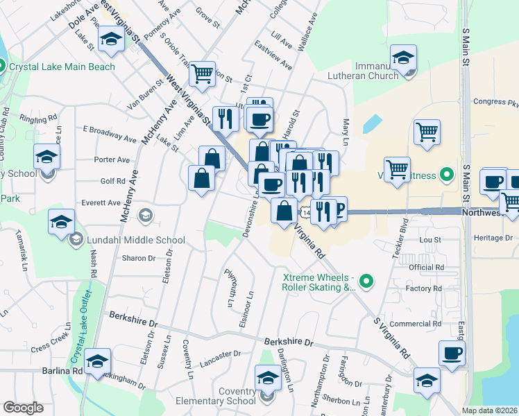 map of restaurants, bars, coffee shops, grocery stores, and more near 521 Devonshire Lane in Crystal Lake