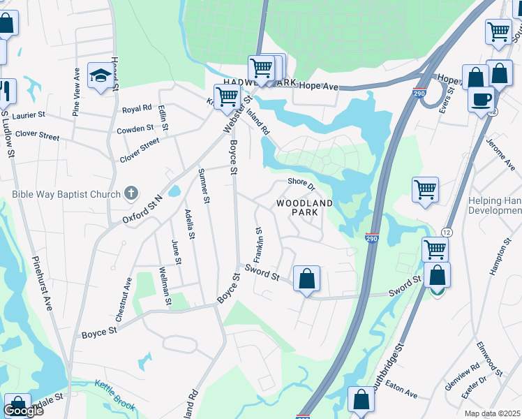 map of restaurants, bars, coffee shops, grocery stores, and more near 18 Woodland Road in Auburn