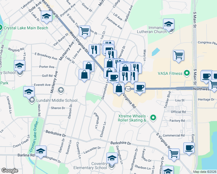 map of restaurants, bars, coffee shops, grocery stores, and more near 521 Devonshire Lane in Crystal Lake