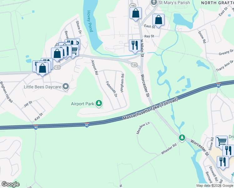 map of restaurants, bars, coffee shops, grocery stores, and more near 30 Hingham Road in Grafton