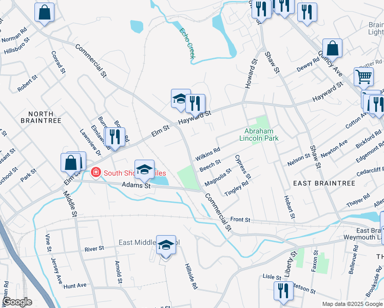 map of restaurants, bars, coffee shops, grocery stores, and more near 499 Commercial Street in Braintree