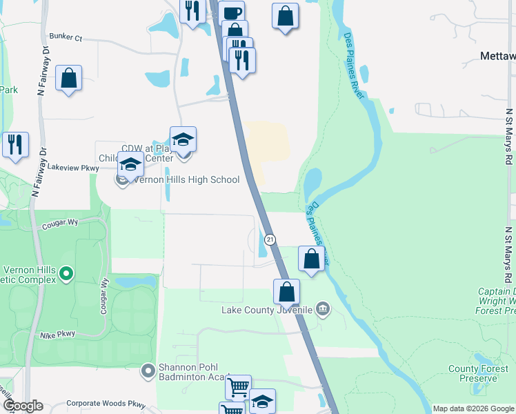 map of restaurants, bars, coffee shops, grocery stores, and more near 0 Highway 21 in Vernon Hills