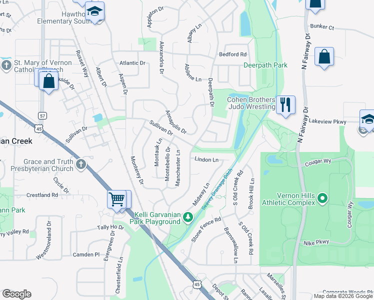 map of restaurants, bars, coffee shops, grocery stores, and more near 1 Deerpath Drive in Vernon Hills