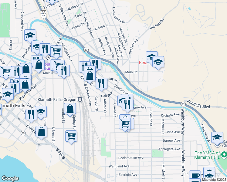 map of restaurants, bars, coffee shops, grocery stores, and more near 2131 Oak Avenue in Klamath Falls