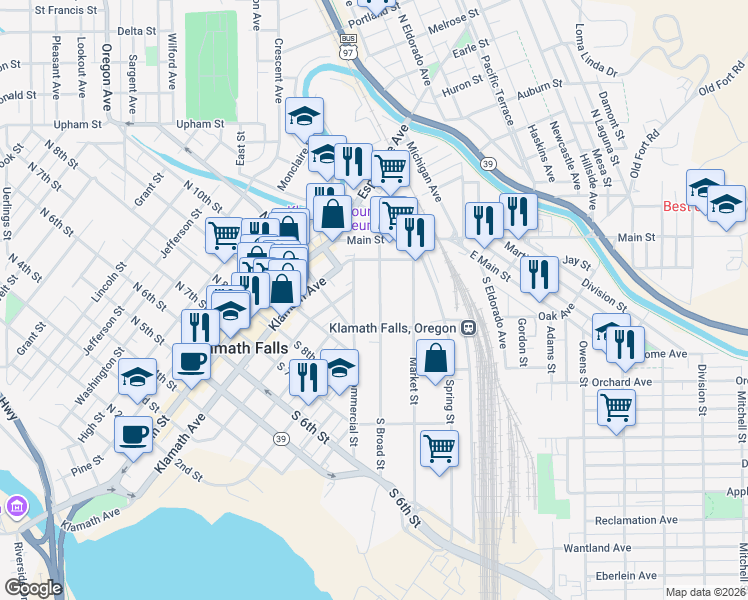 map of restaurants, bars, coffee shops, grocery stores, and more near 308 South Broad Street in Klamath Falls