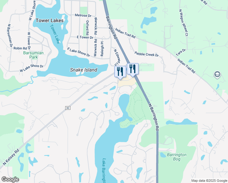 map of restaurants, bars, coffee shops, grocery stores, and more near 26437 White Oak Lane in Lake Barrington