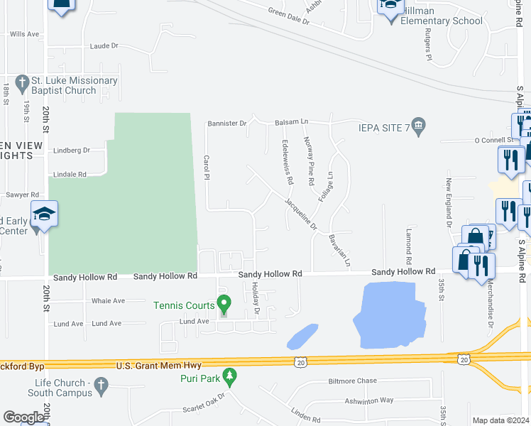 map of restaurants, bars, coffee shops, grocery stores, and more near 3120 Meriday Lane in Rockford