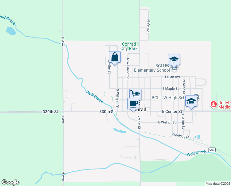 map of restaurants, bars, coffee shops, grocery stores, and more near 300-312 Maple Avenue in Conrad