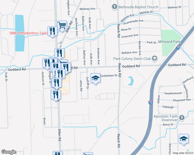 map of restaurants, bars, coffee shops, grocery stores, and more near 17337 Cedarlawn Street in Southgate