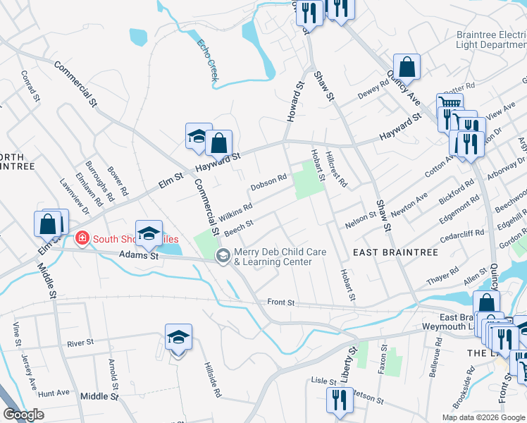 map of restaurants, bars, coffee shops, grocery stores, and more near 68 Beech St in Braintree