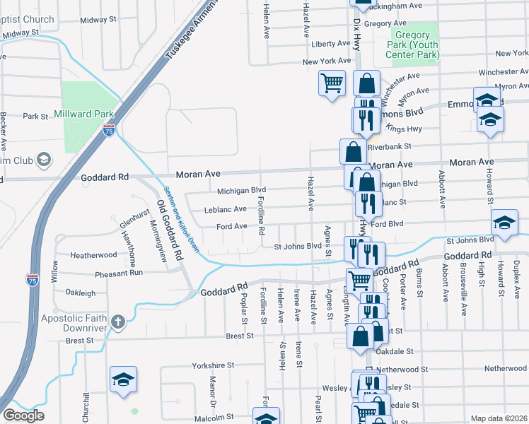 map of restaurants, bars, coffee shops, grocery stores, and more near 2193 Leblanc Street in Lincoln Park