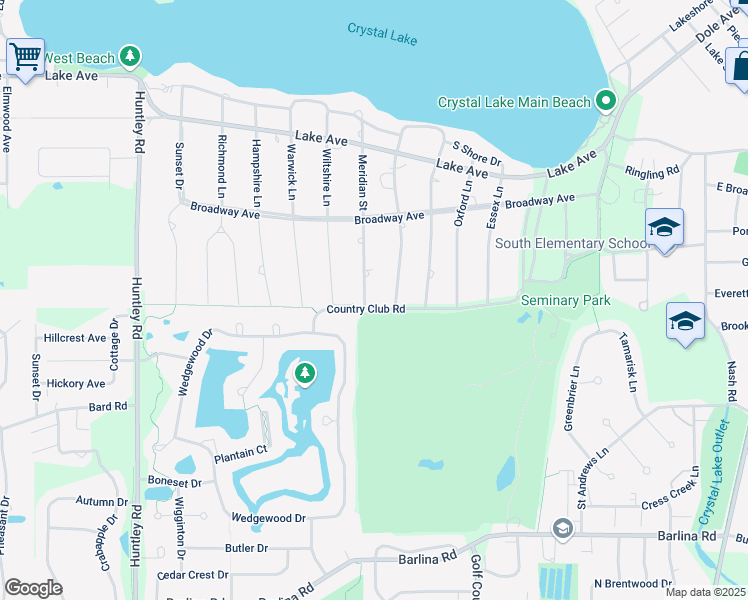 map of restaurants, bars, coffee shops, grocery stores, and more near 910 Country Club Road in Crystal Lake