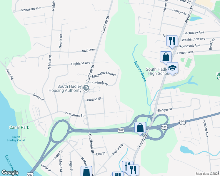 map of restaurants, bars, coffee shops, grocery stores, and more near 22 Kimberly Drive in South Hadley
