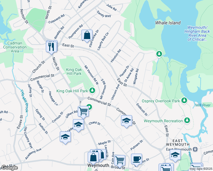 map of restaurants, bars, coffee shops, grocery stores, and more near 57 Mount Vernon Road East in Weymouth