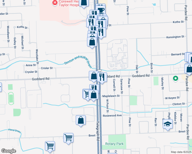 map of restaurants, bars, coffee shops, grocery stores, and more near 10974 Telegraph Road in Taylor