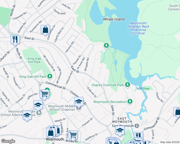 map of restaurants, bars, coffee shops, grocery stores, and more near 20 Puritan Road in Weymouth
