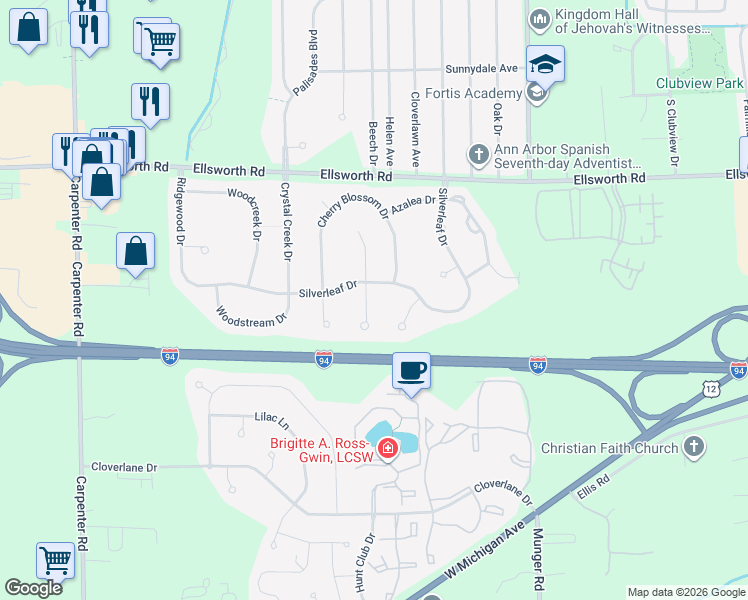 map of restaurants, bars, coffee shops, grocery stores, and more near 4259 Chandi Court in Ypsilanti