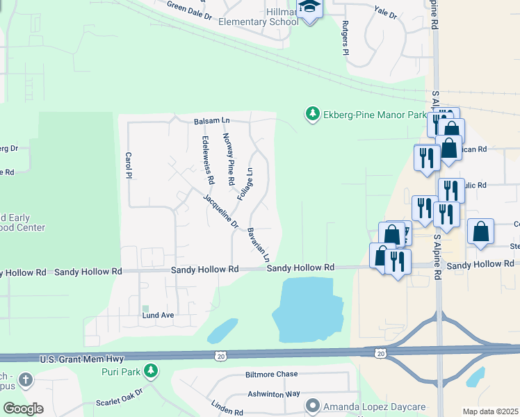 map of restaurants, bars, coffee shops, grocery stores, and more near 3114 Bavarian Lane in Rockford