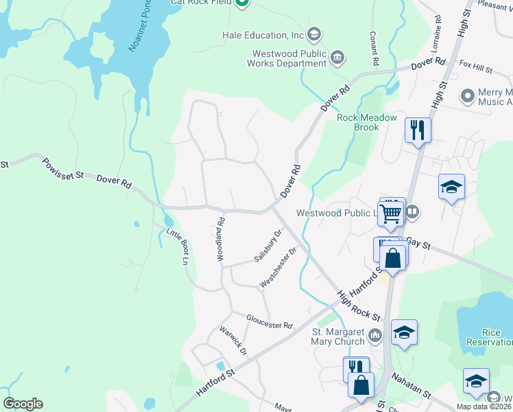 map of restaurants, bars, coffee shops, grocery stores, and more near 371 Dover Road in Westwood