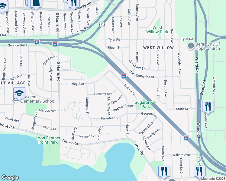 map of restaurants, bars, coffee shops, grocery stores, and more near 1693 Conway Avenue in Ypsilanti