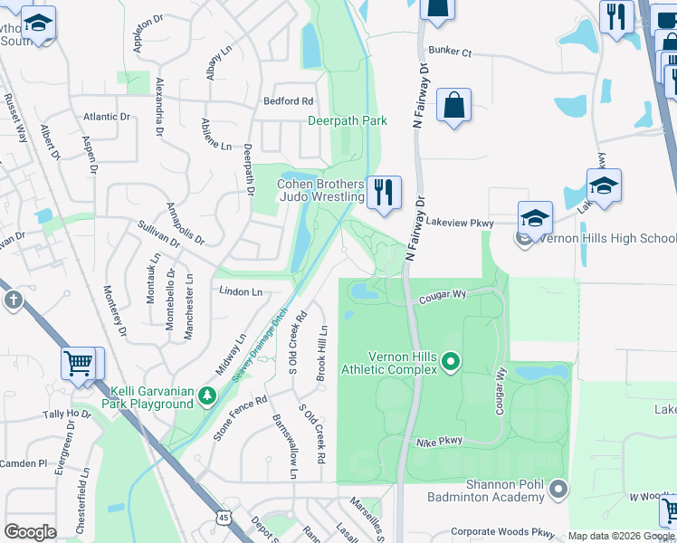 map of restaurants, bars, coffee shops, grocery stores, and more near 13 North Old Creek Road in Vernon Hills