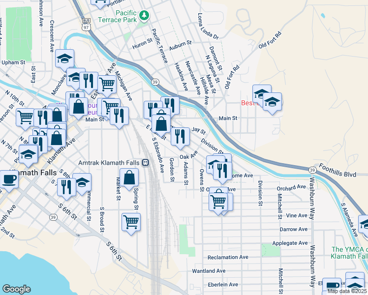 map of restaurants, bars, coffee shops, grocery stores, and more near 241 East Main Street in Klamath Falls