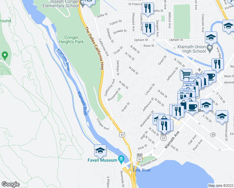 map of restaurants, bars, coffee shops, grocery stores, and more near 232 Roosevelt Street in Klamath Falls