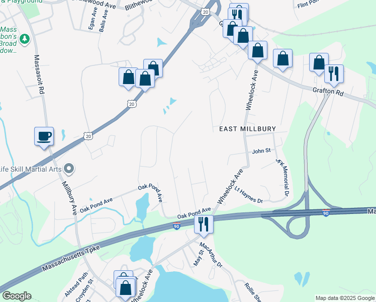 map of restaurants, bars, coffee shops, grocery stores, and more near 12 Westview Avenue in Millbury
