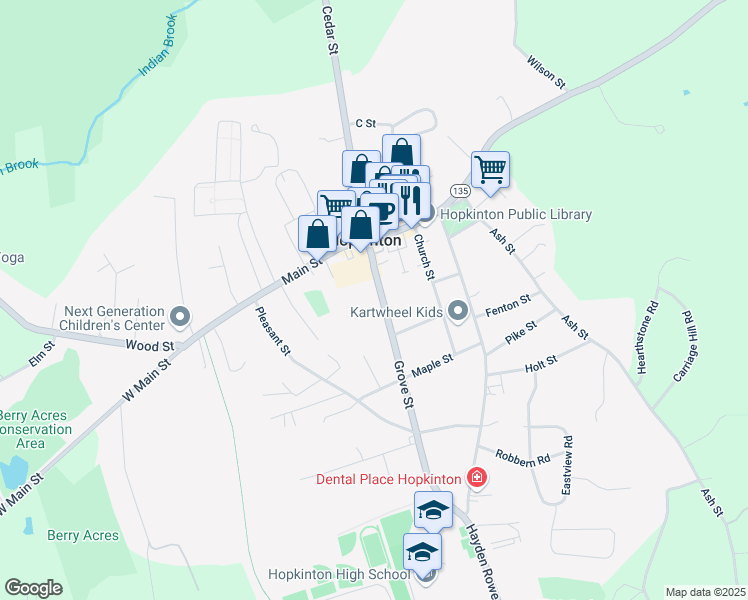 map of restaurants, bars, coffee shops, grocery stores, and more near 28 Grove Street in Hopkinton