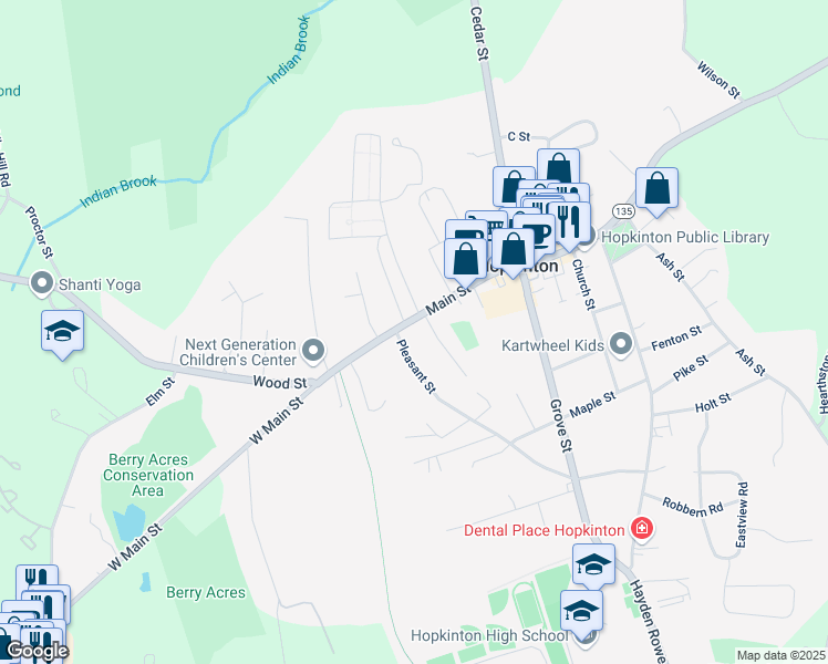 map of restaurants, bars, coffee shops, grocery stores, and more near 93 Main Street in Hopkinton