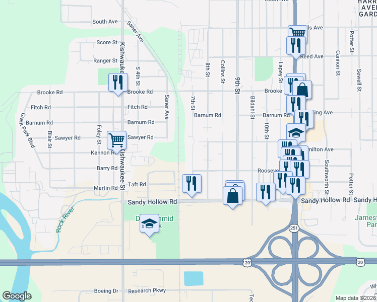 map of restaurants, bars, coffee shops, grocery stores, and more near 31 7th Street in Rockford