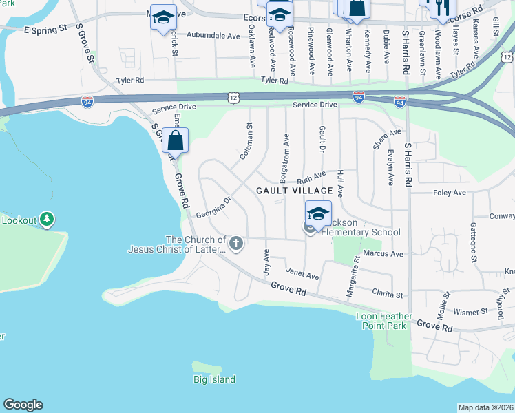 map of restaurants, bars, coffee shops, grocery stores, and more near 1380 Jay Avenue in Ypsilanti