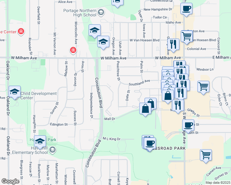 map of restaurants, bars, coffee shops, grocery stores, and more near 6230 Peachtree Street in Portage