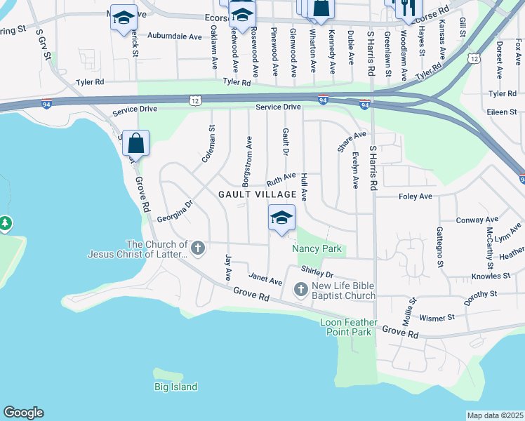 map of restaurants, bars, coffee shops, grocery stores, and more near 1376 Levona Street in Ypsilanti
