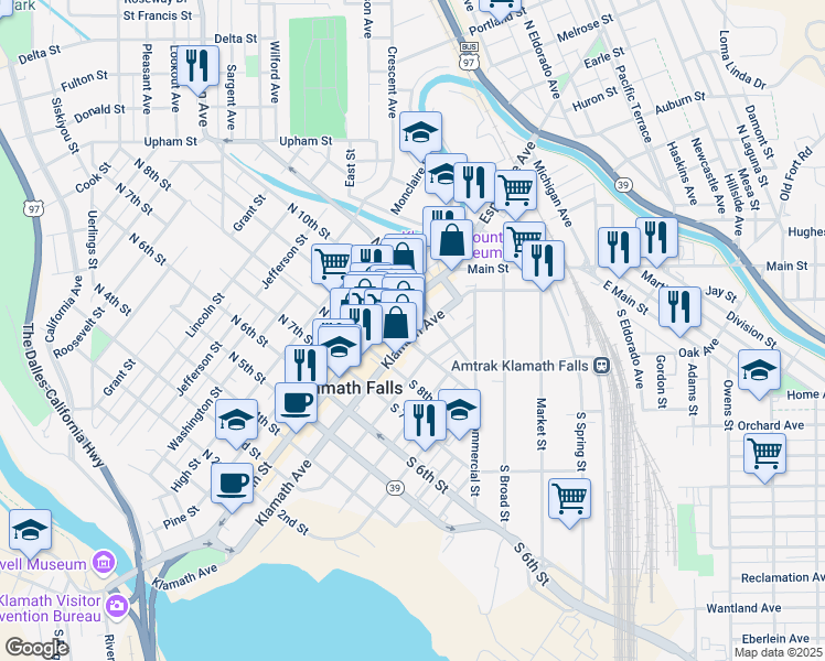map of restaurants, bars, coffee shops, grocery stores, and more near 919 Klamath Avenue in Klamath Falls