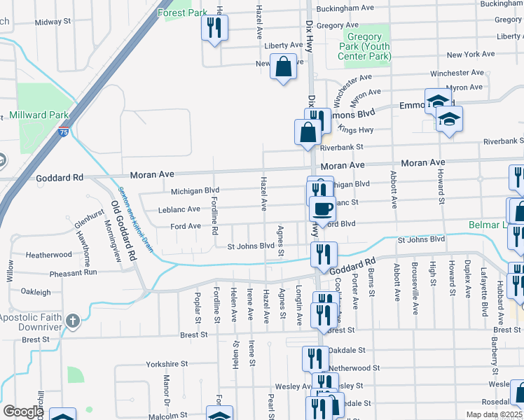 map of restaurants, bars, coffee shops, grocery stores, and more near 2055 Leblanc Street in Lincoln Park