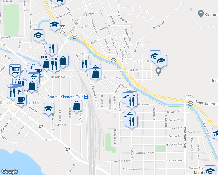 map of restaurants, bars, coffee shops, grocery stores, and more near 243 1/2 East Main Street in Klamath Falls