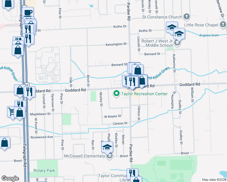 map of restaurants, bars, coffee shops, grocery stores, and more near 22675 Goddard Road in Taylor