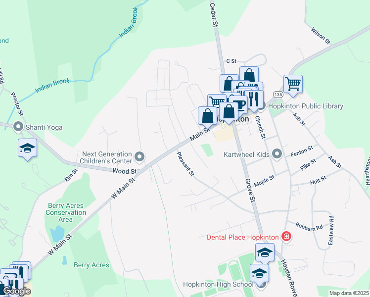 map of restaurants, bars, coffee shops, grocery stores, and more near 93 Main Street in Hopkinton
