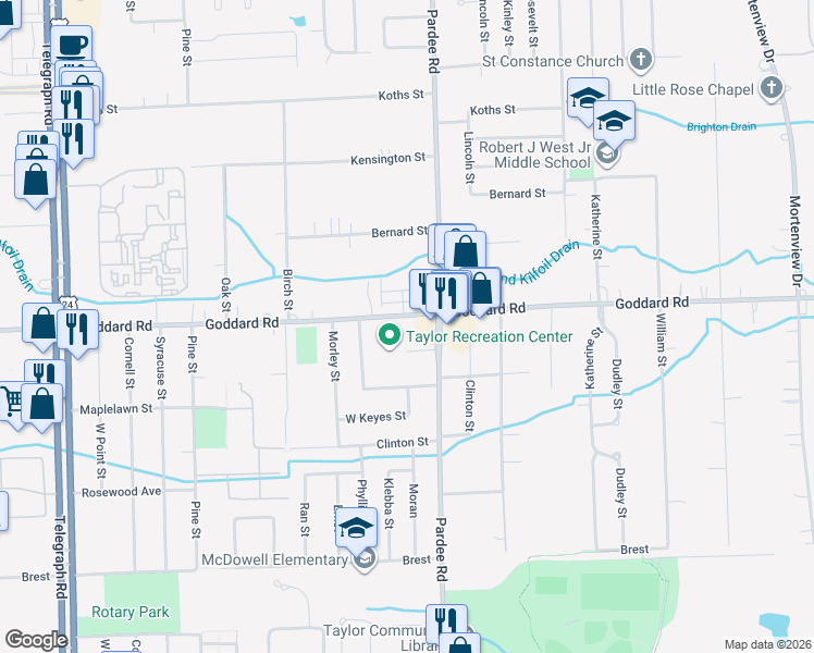map of restaurants, bars, coffee shops, grocery stores, and more near 22675 Goddard Road in Taylor