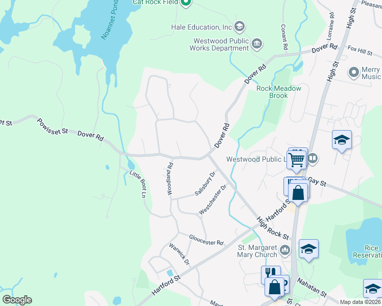 map of restaurants, bars, coffee shops, grocery stores, and more near 371 Dover Road in Westwood