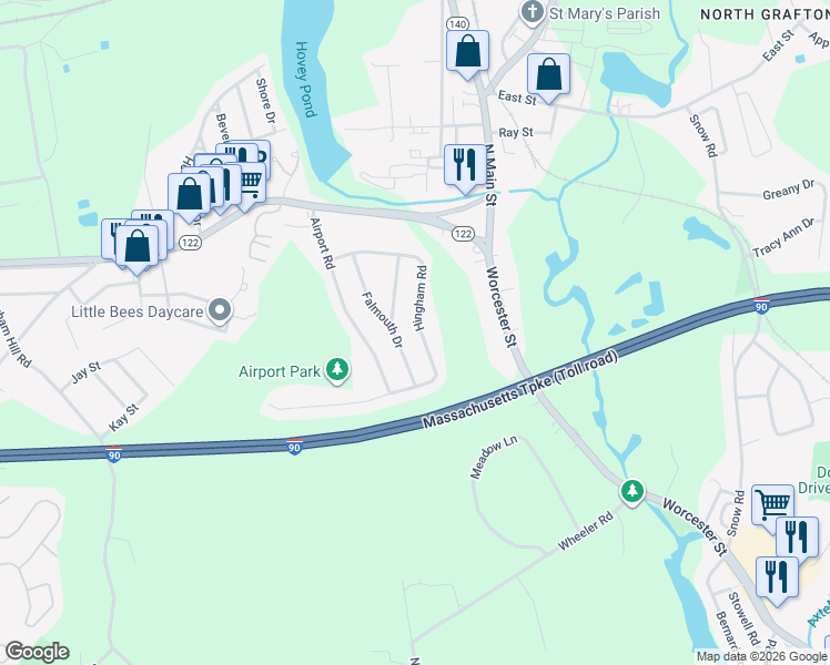 map of restaurants, bars, coffee shops, grocery stores, and more near 30 Hingham Road in Grafton