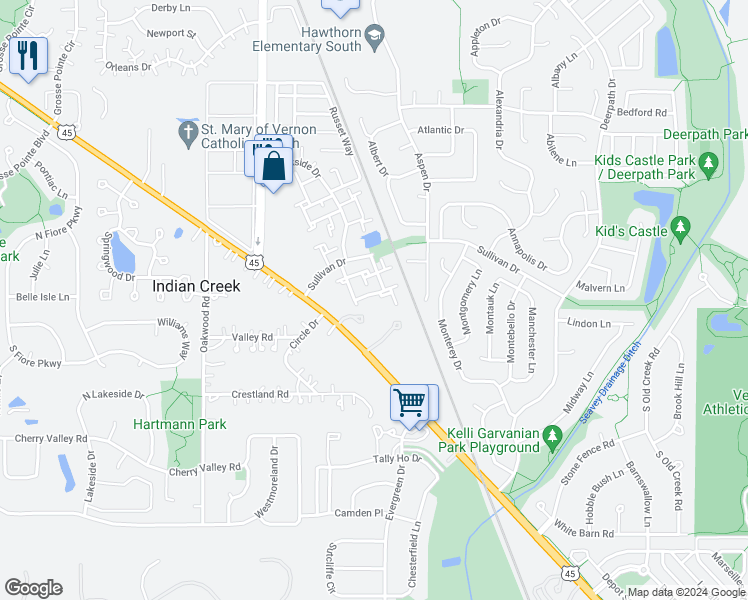 map of restaurants, bars, coffee shops, grocery stores, and more near 341 Birchwood Court in Vernon Hills