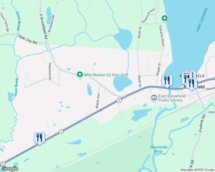 map of restaurants, bars, coffee shops, grocery stores, and more near 140 North Brookfield Road in East Brookfield