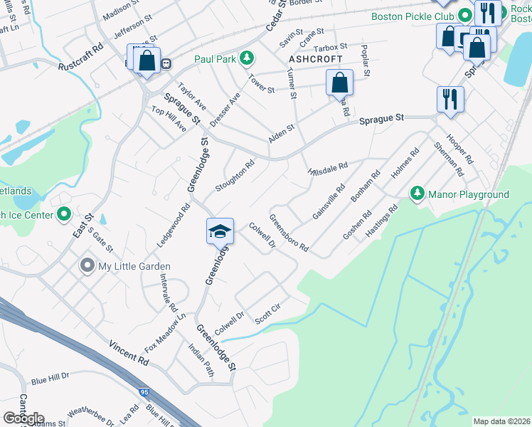 map of restaurants, bars, coffee shops, grocery stores, and more near 87 Greensboro Road in Dedham