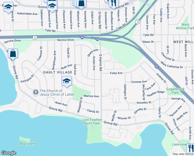 map of restaurants, bars, coffee shops, grocery stores, and more near 1285 Lester Avenue in Ypsilanti