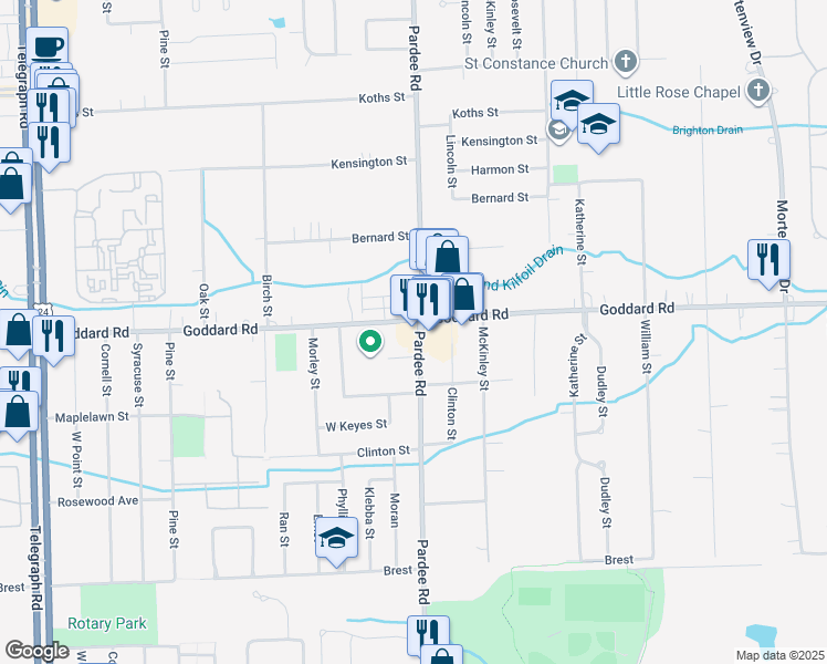map of restaurants, bars, coffee shops, grocery stores, and more near 22615 Goddard Road in Taylor