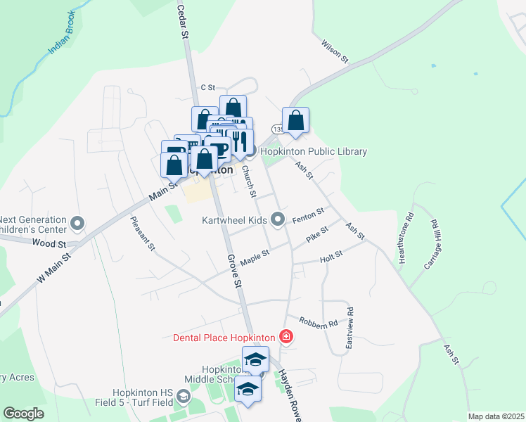 map of restaurants, bars, coffee shops, grocery stores, and more near 27 Church Street in Hopkinton