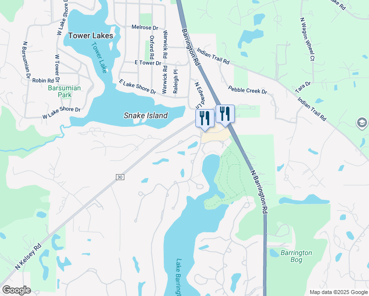 map of restaurants, bars, coffee shops, grocery stores, and more near 26437 White Oak Lane in Lake Barrington